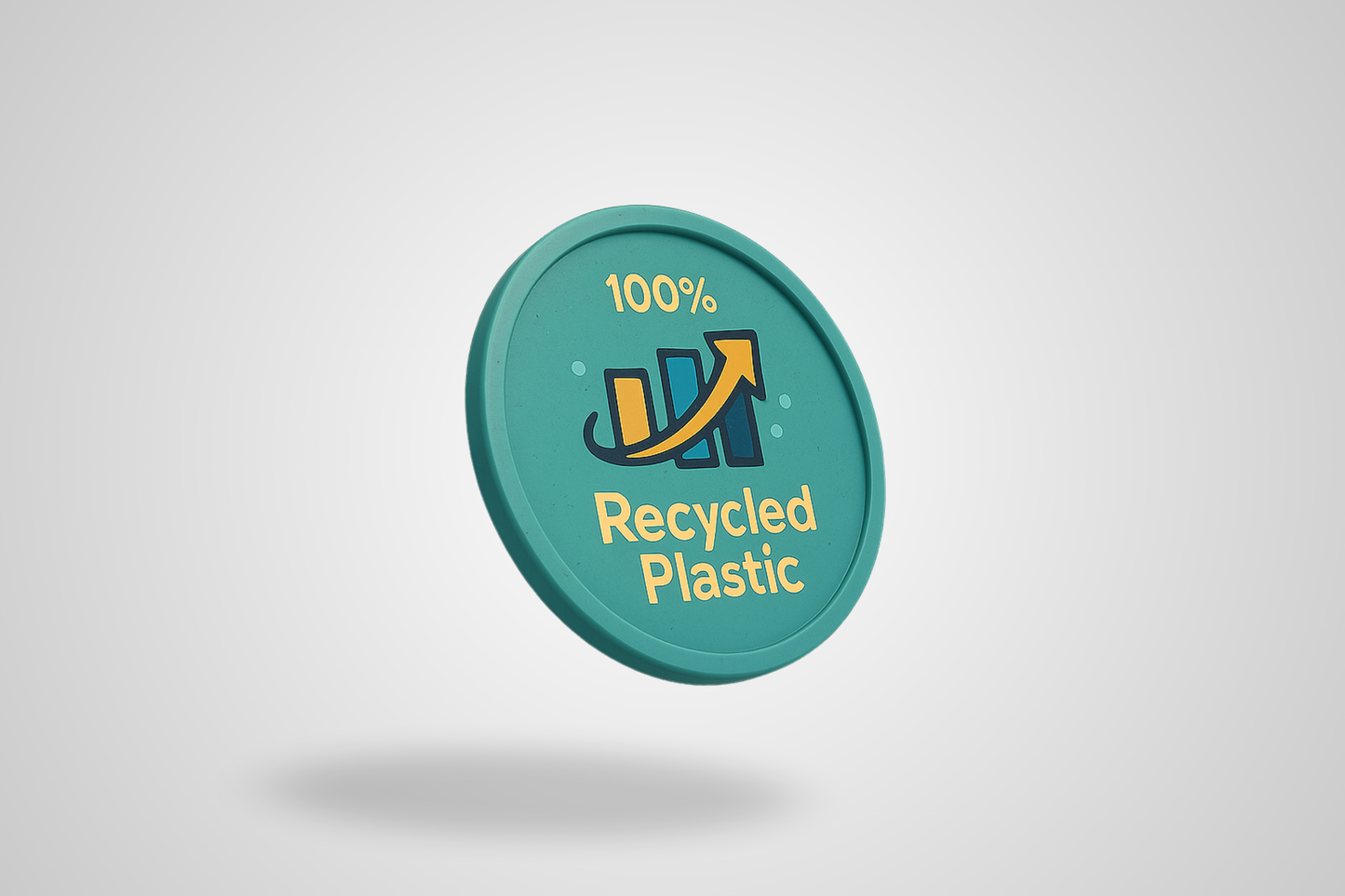 A photo of a plastic token made of 100% recyclable plastic with full-color print