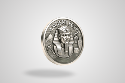A photo of a silver metal token with 3D effect