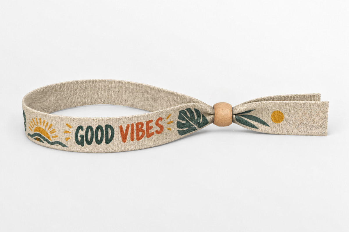 Beige Kottengaarmband mat faarwegem Good Vibes Drock