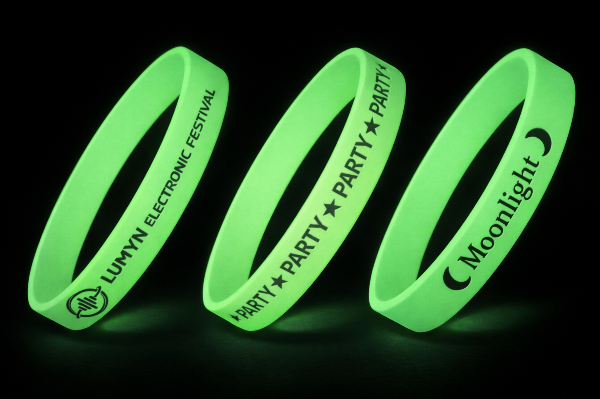 Silikon-Armbänner mat Drock vun JM Band®, déi am Däischteren liichten