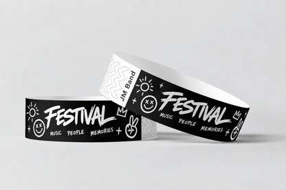Zwee schwaarz Pabeieraarmbänner mat wäissem Festival-Drock