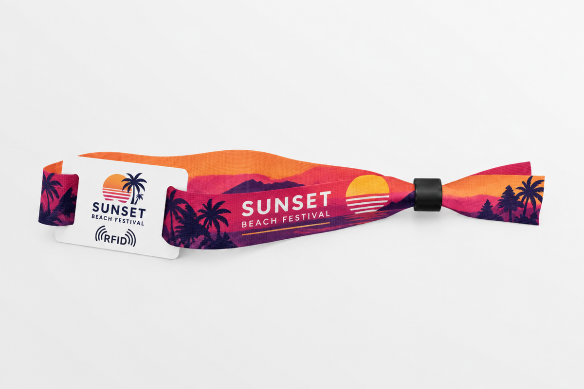 Bracelet RFID en tissu rPET avec impression orange de festival de plage au coucher du soleil