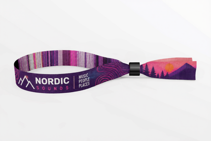 Bracelet en tissu tissé violet avec motif montagne et coucher de soleil