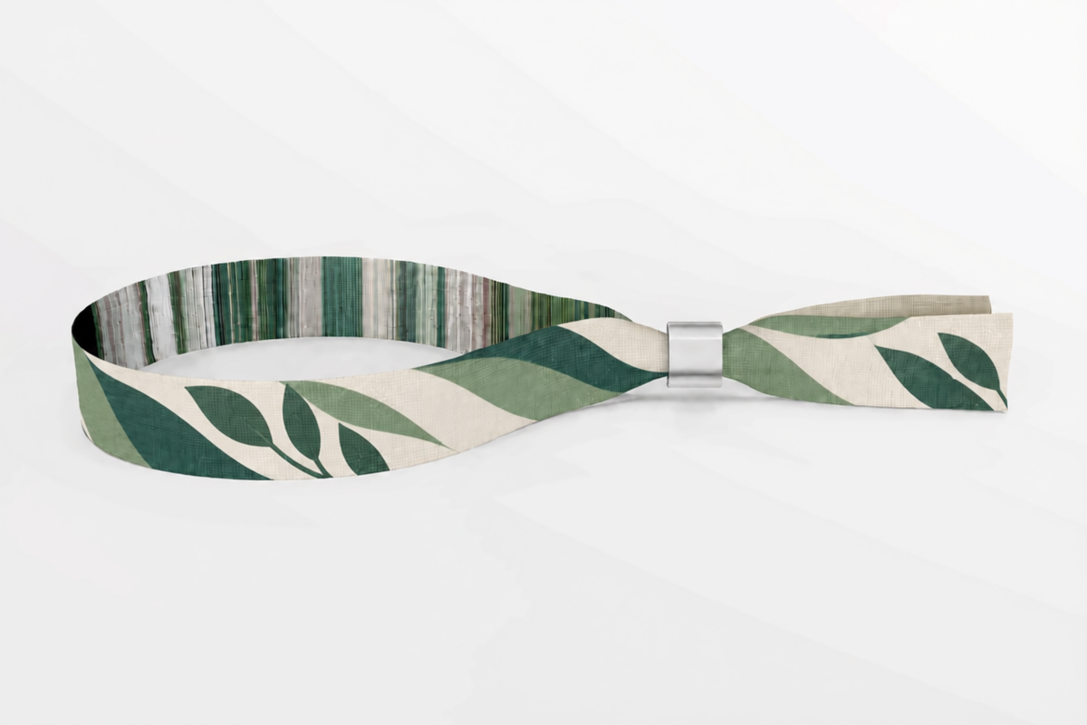 Bracelet en tissu tissé beige avec motif de feuilles vertes